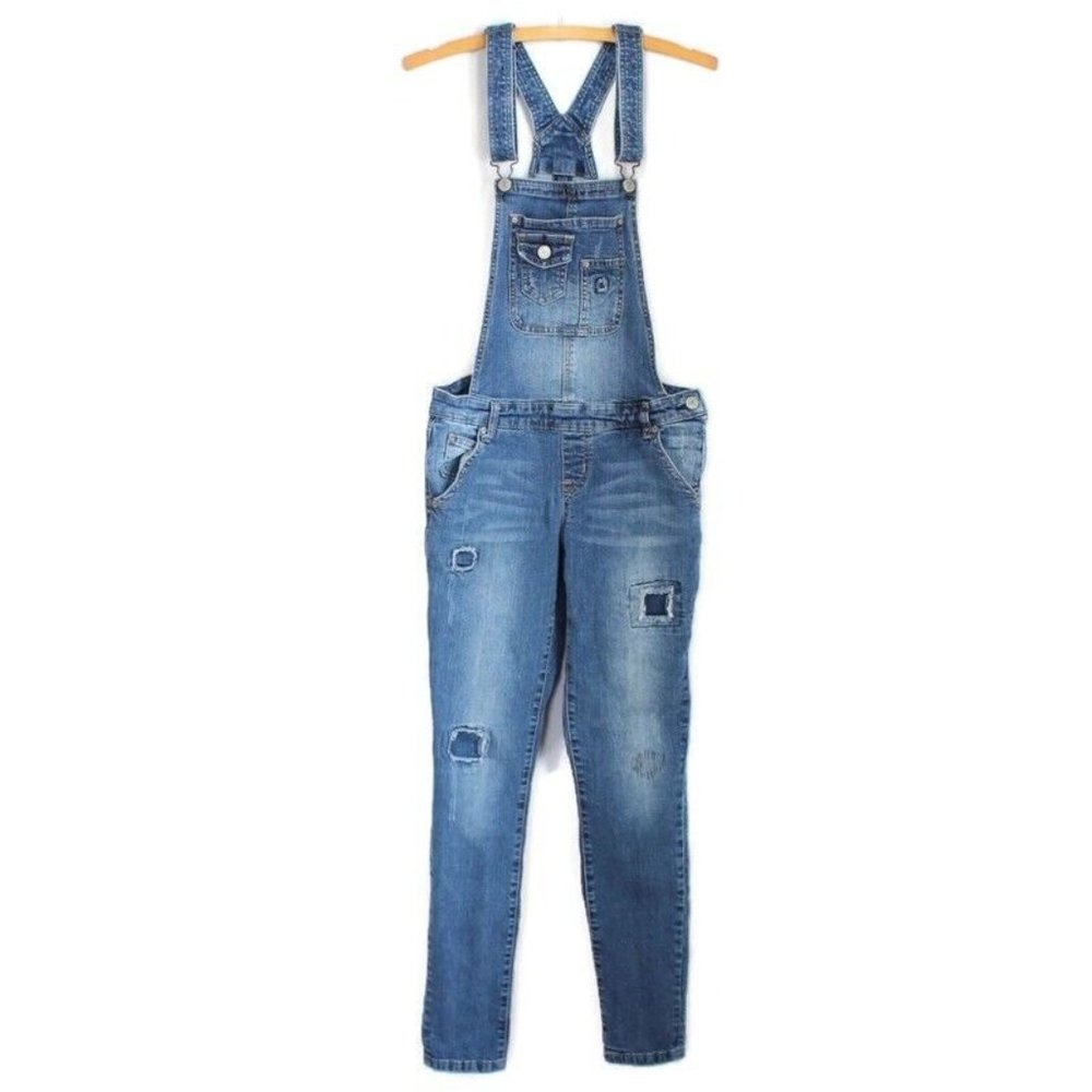 Zanadi Bib Overalls Juniors 7 Medium Wash Distressed Blue Jean Denim Skinny Leg